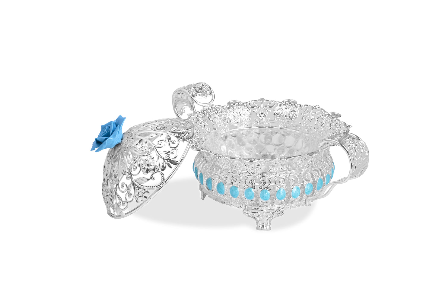 Floral Round Tray With Handle (blue)