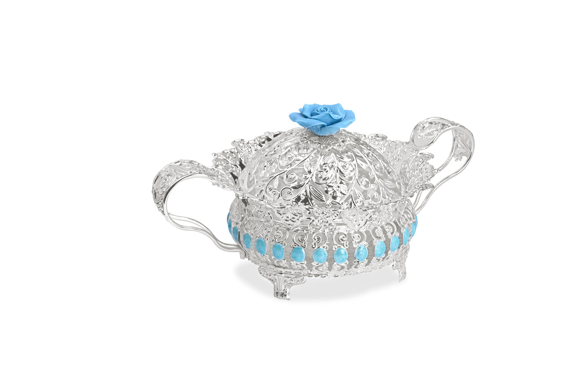 Floral Round Tray With Handle (blue)