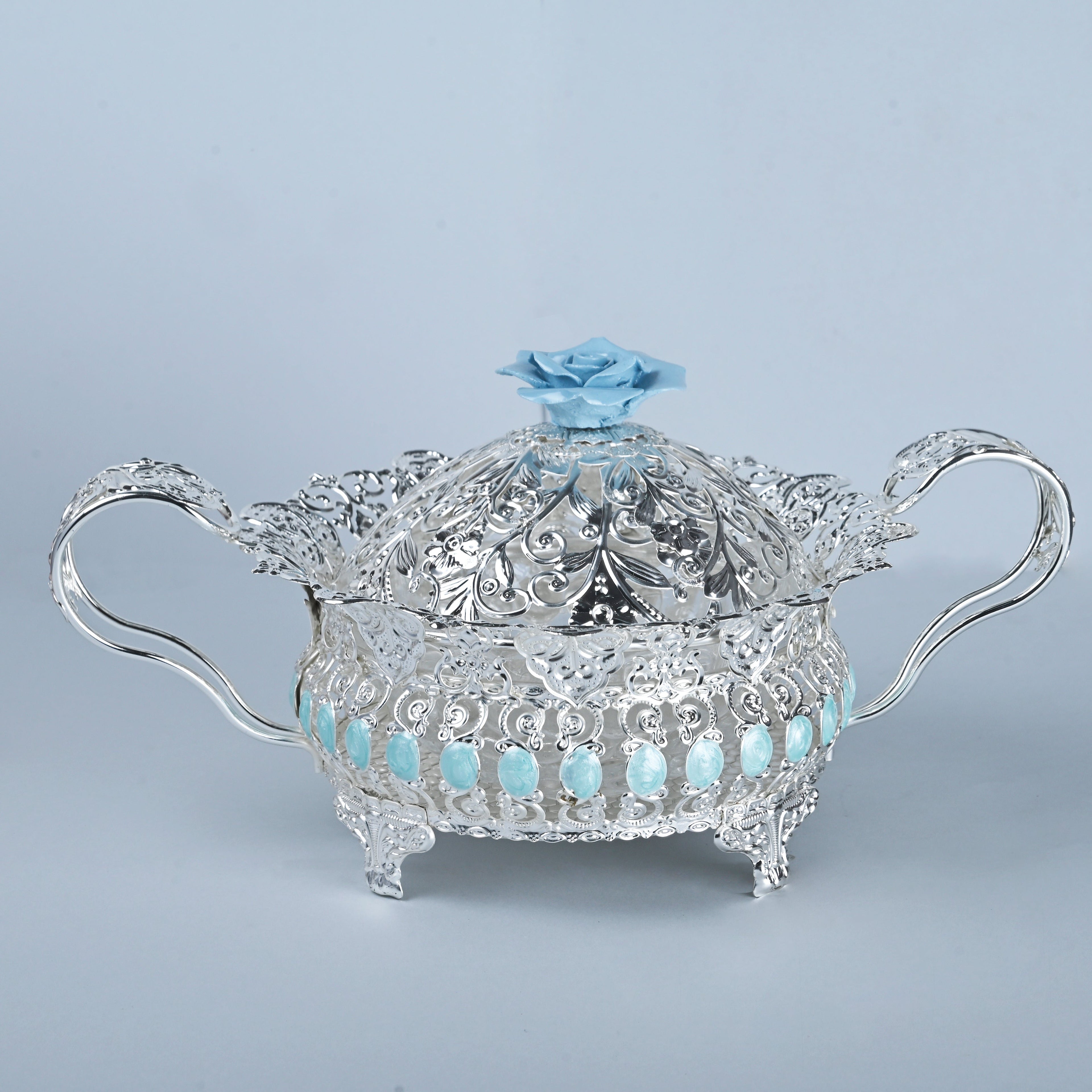 Floral Round Tray With Handle (blue)