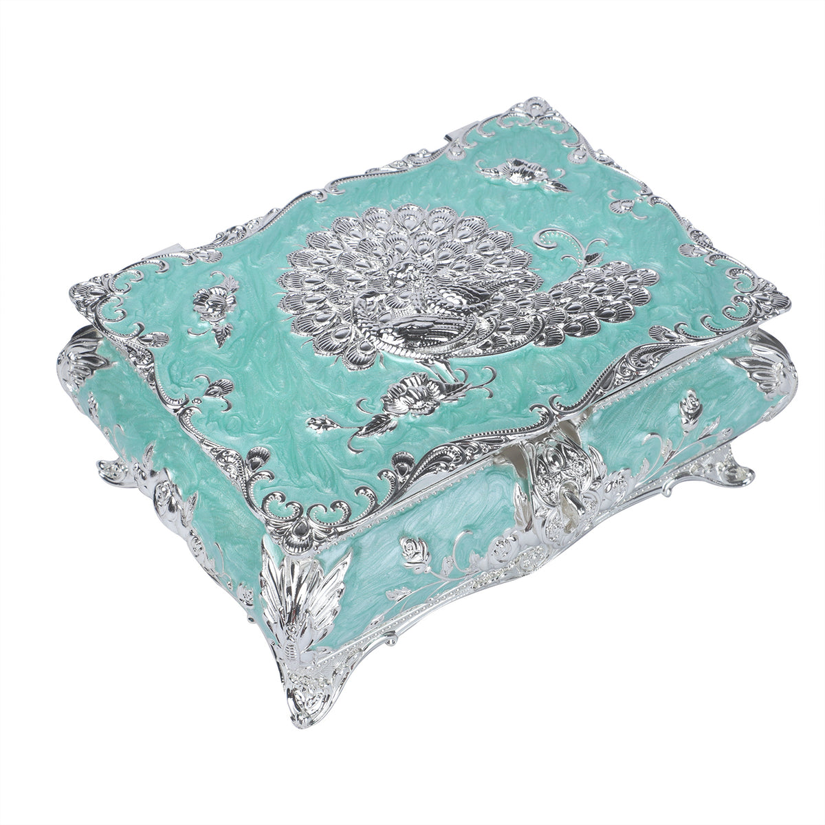 Peacock enamel box -  sky blue