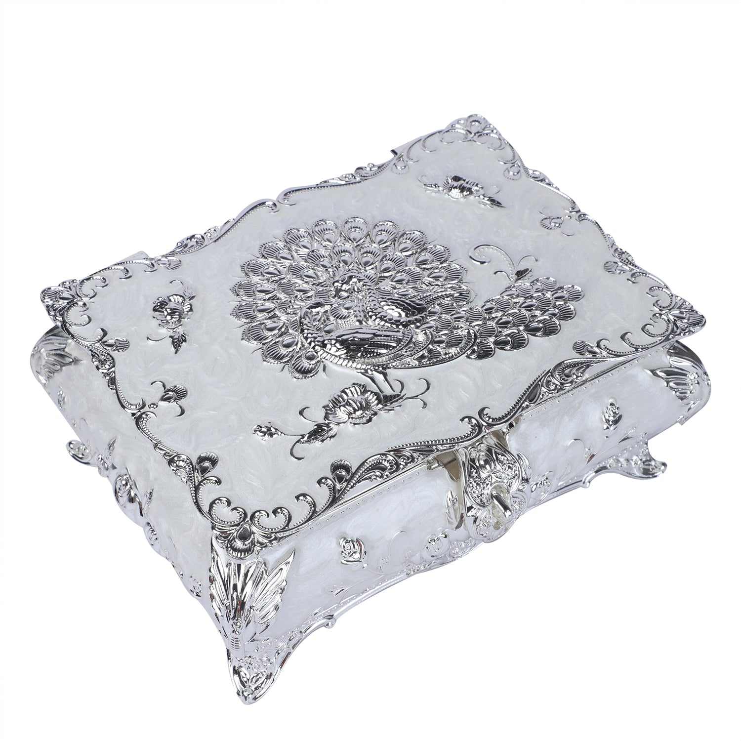 Peacock enamel box - white