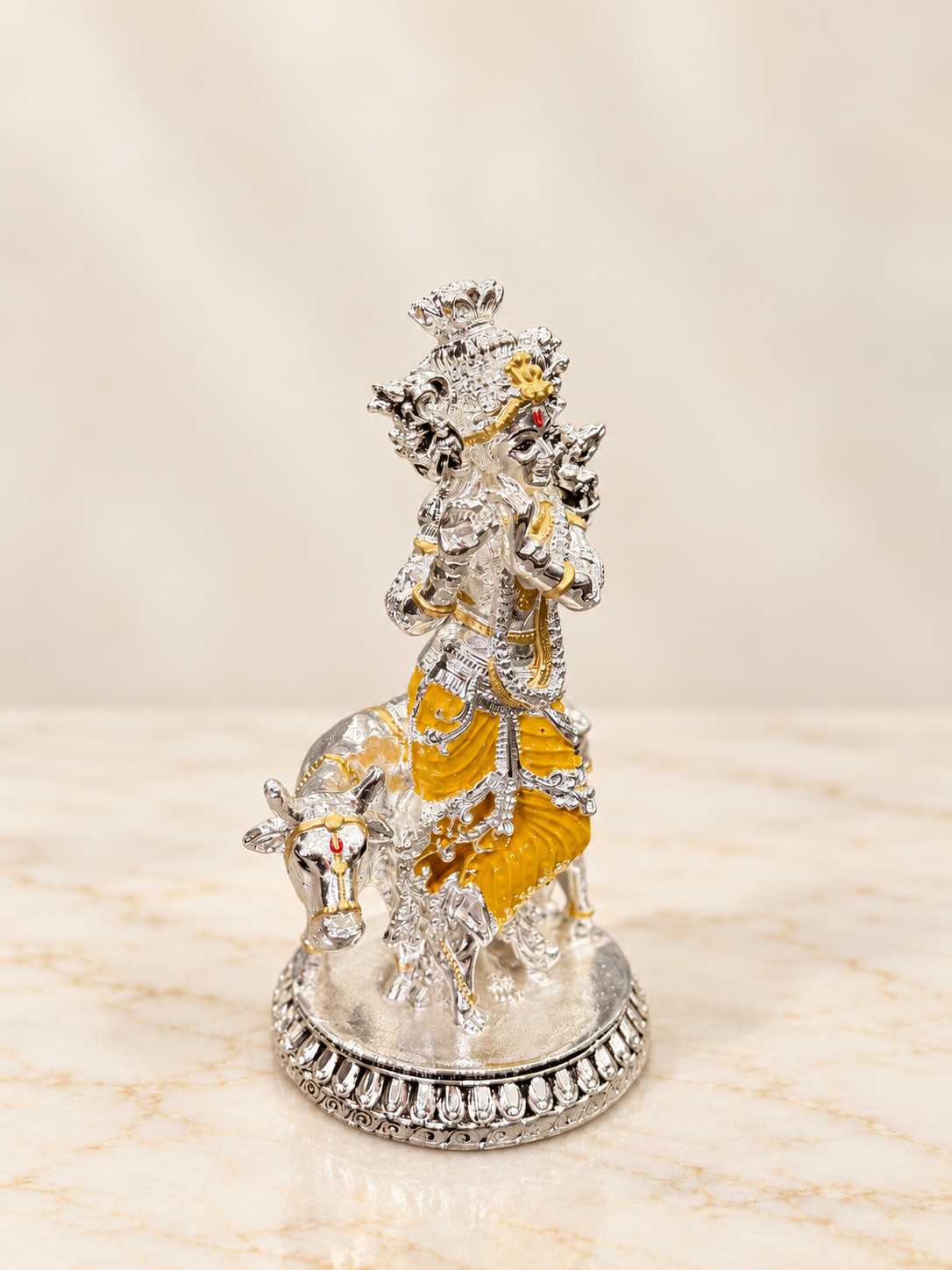 Silver Cladded Krishna Ji with Cow