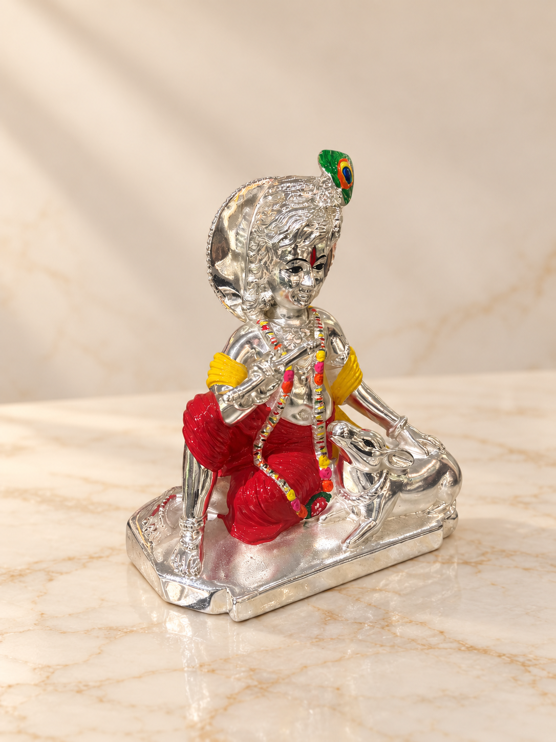 Silver Cladded Krishna Ji with Sitting Cow