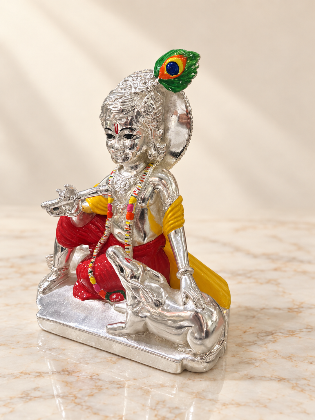 Silver Cladded Krishna Ji with Sitting Cow
