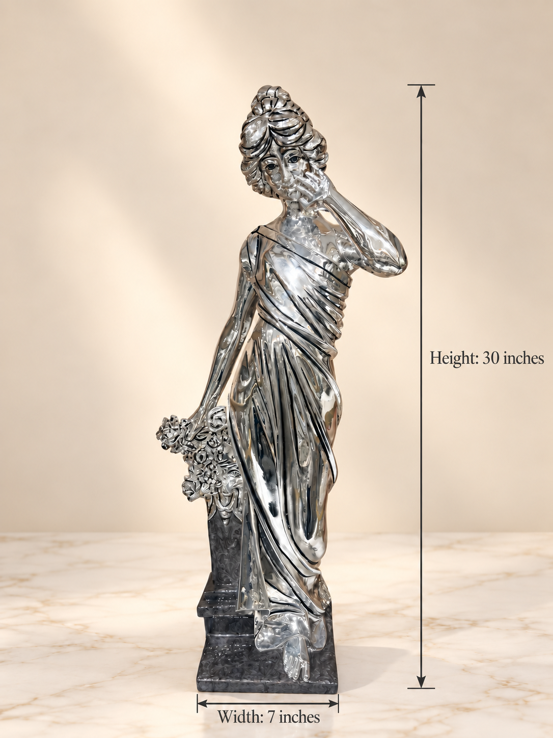 Silver Cladded Lady Statue with Flowers