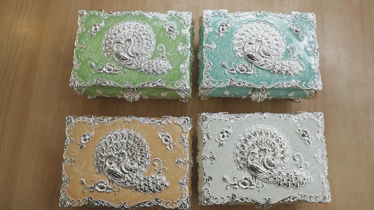 Peacock enamel box -  sky blue